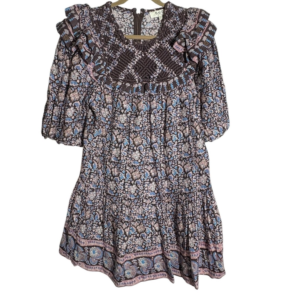 Sea New York AMIKI Floral Smocked Boho Puff Sleeve Mini Dress sz S